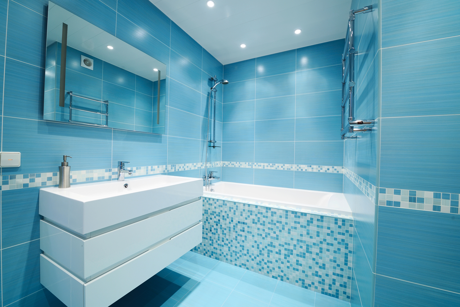 Modern luxury bathroom blue interior. No brandnames or copyright
